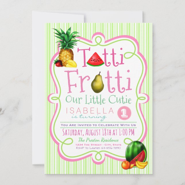Invitación de cumpleaños para niñas Tutti Frutti (Anverso)