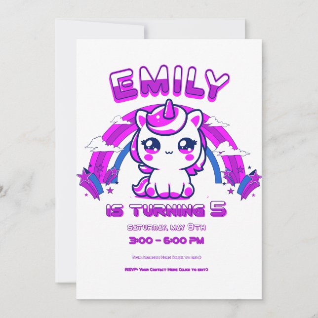 Invitación de cumpleaños para niñas Unicornio - Ed (Anverso)