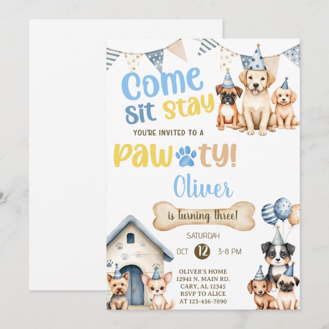 Invitación de cumpleaños para niño cachorro / perr (Anverso / Reverso)