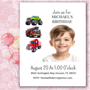 Invitación de cumpleaños para niño con camión en f