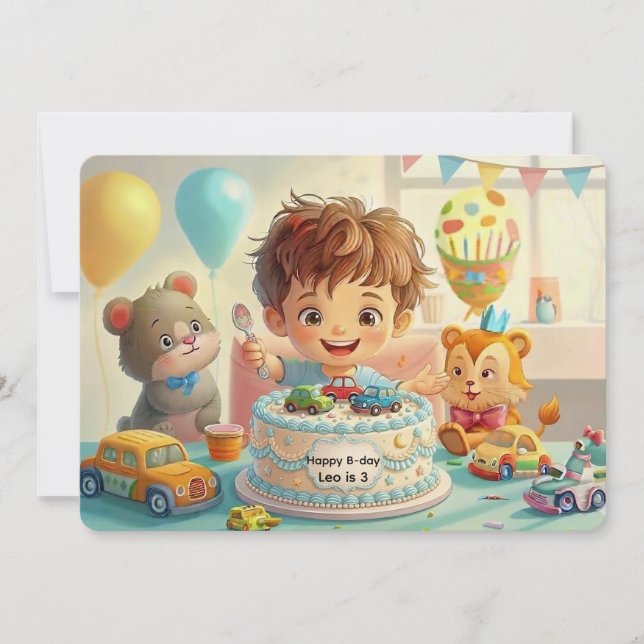 Invitación de cumpleaños para niño con coche azul  (Anverso)