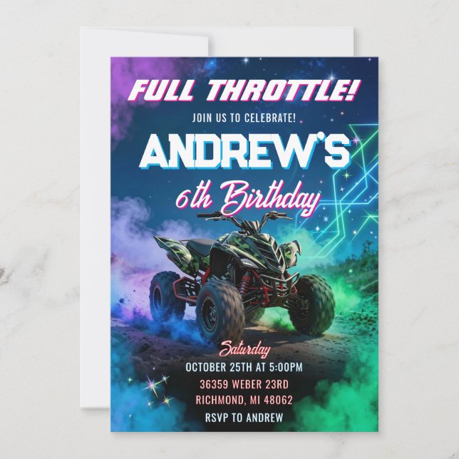 Invitación de cumpleaños para niño con cuatrimoto  (Anverso)
