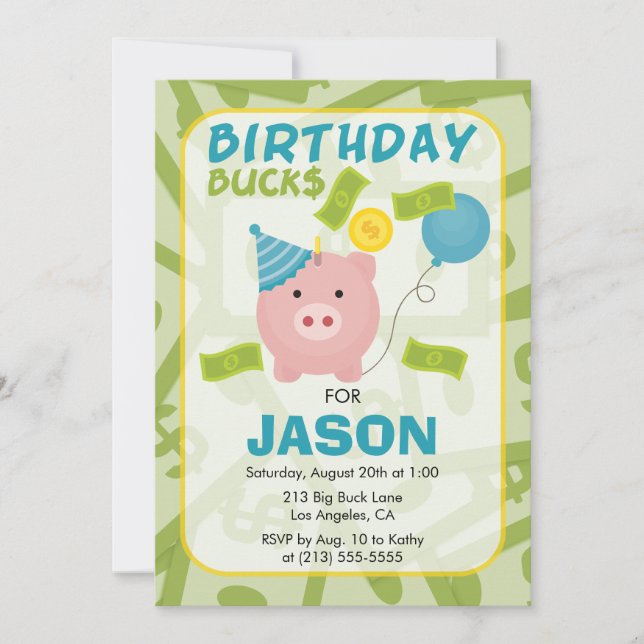 Invitación de cumpleaños para niño con hucha de Bi (Anverso)