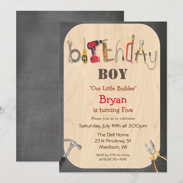 Invitación de cumpleaños para niño constructor de  (Anverso / Reverso)