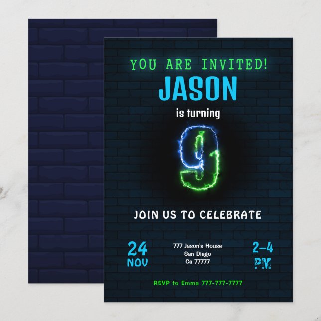 invitación de cumpleaños para niño de 9 años (Anverso / Reverso)