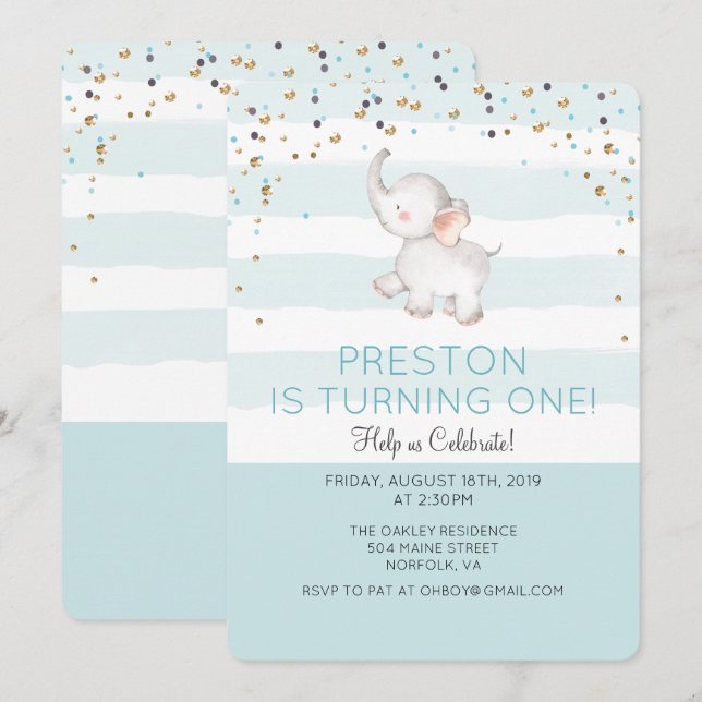 Invitación de cumpleaños para niño elefante para c (Anverso / Reverso)