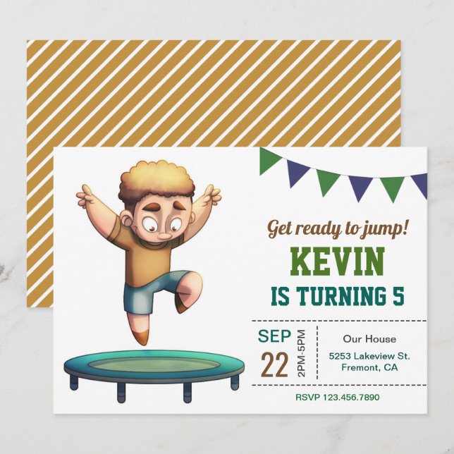 Invitación de cumpleaños para niño saltando en tra (Anverso / Reverso)