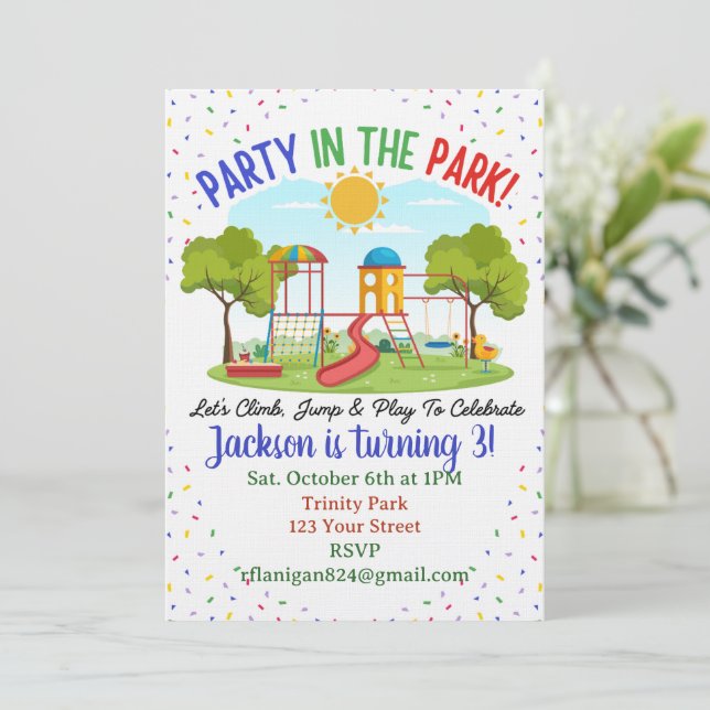 Invitación de cumpleaños para niños al parque de p (Anverso de pie)