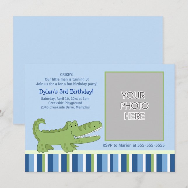 Invitación de cumpleaños para niños aligadores (Anverso / Reverso)