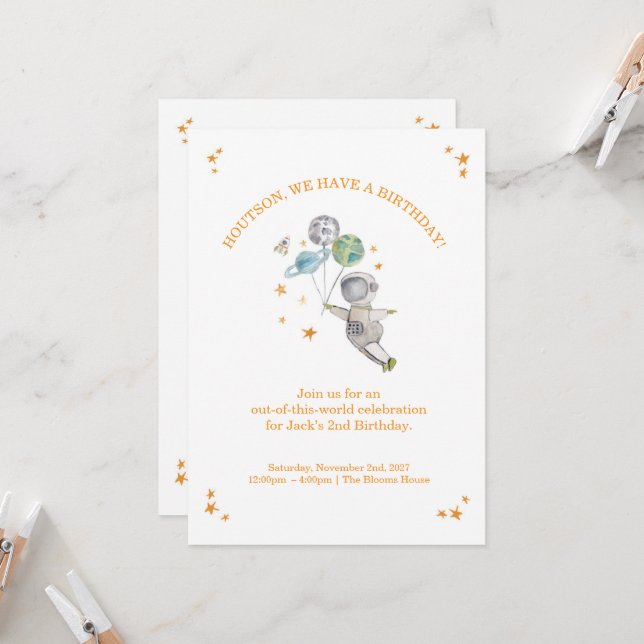 Invitación de Cumpleaños para Niños Astronautas |  (Anverso/Reverso In Situ)