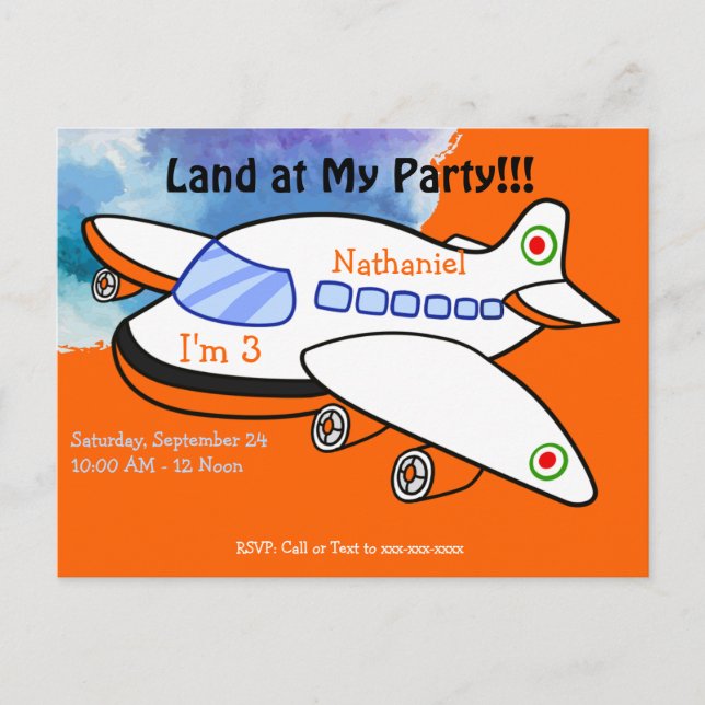 Invitación de cumpleaños para niños: Avión aterriz (Anverso)