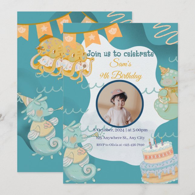 Invitación de cumpleaños para niños Bajo el Mar (Anverso / Reverso)