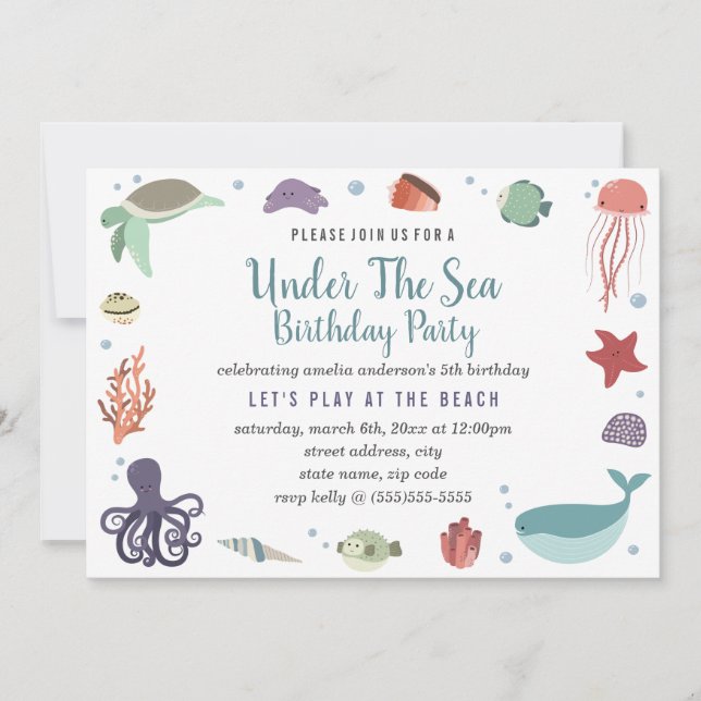 Invitación de cumpleaños para niños bajo el mar (Anverso)