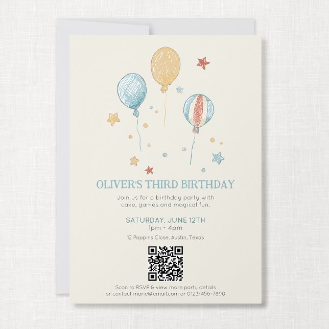 Invitación de cumpleaños para niños Balloon Daydre (Balloon Daydream - 5x7" Party Invitation with QR)