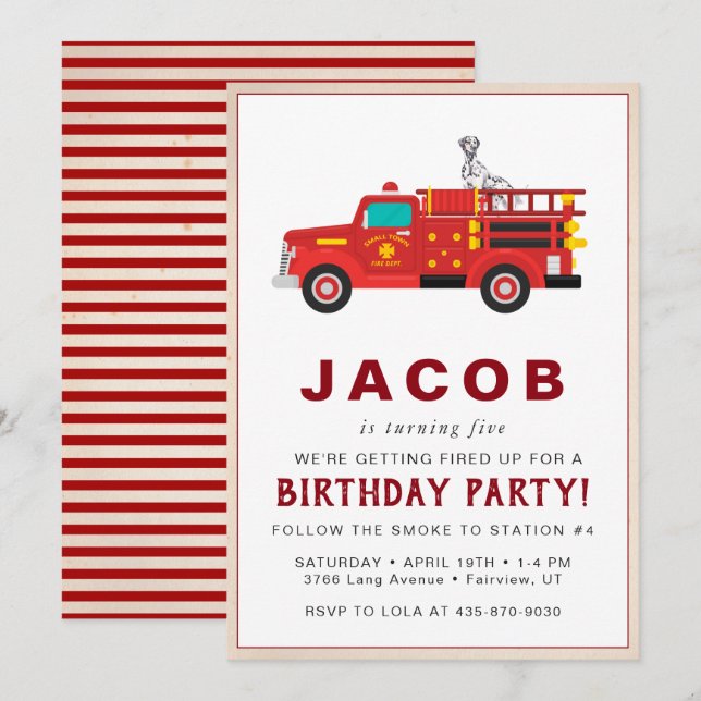 Invitación de cumpleaños para niños bomberos (Anverso / Reverso)