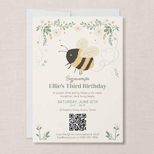 Invitación de cumpleaños para niños Busy Bee con Q (Wildflower Flight QR Code Party Invite)