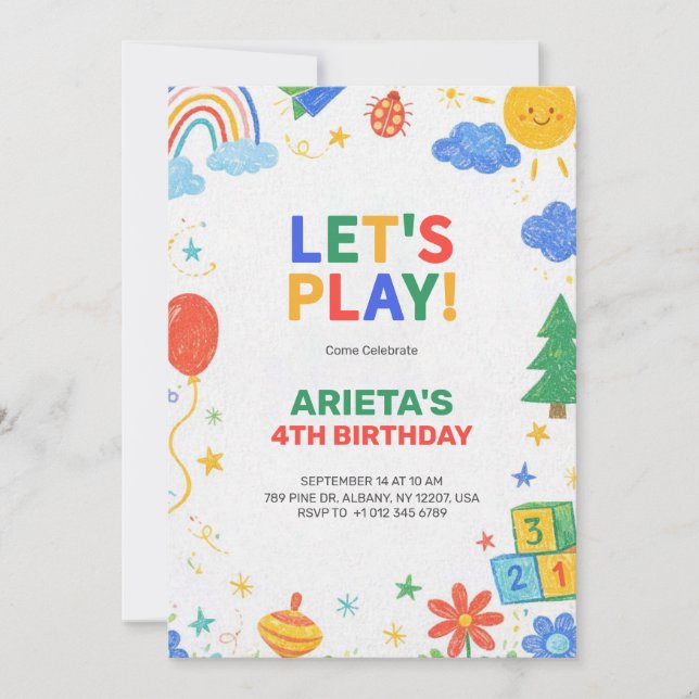 Invitación de cumpleaños para niños colorida  (Anverso)