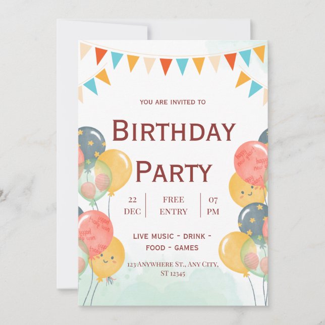 Invitación de cumpleaños para niños con acuarela (Anverso)