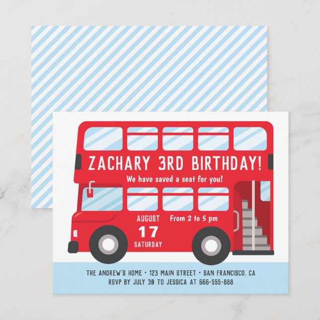Invitación de cumpleaños para niños con autobús ro (Anverso / Reverso)