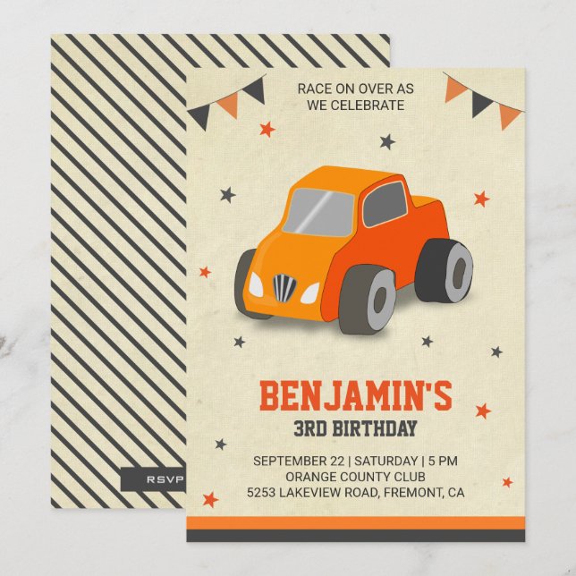 Invitación de cumpleaños para niños con coche de j (Anverso / Reverso)