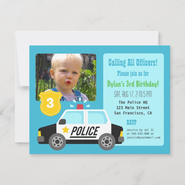 Invitación de cumpleaños para niños con coche de p (Anverso)