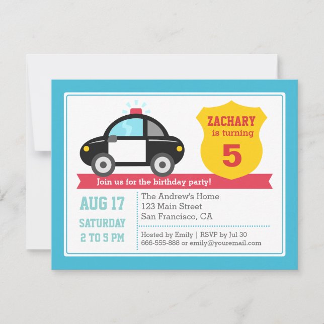 Invitación de cumpleaños para niños con coche de p (Anverso)
