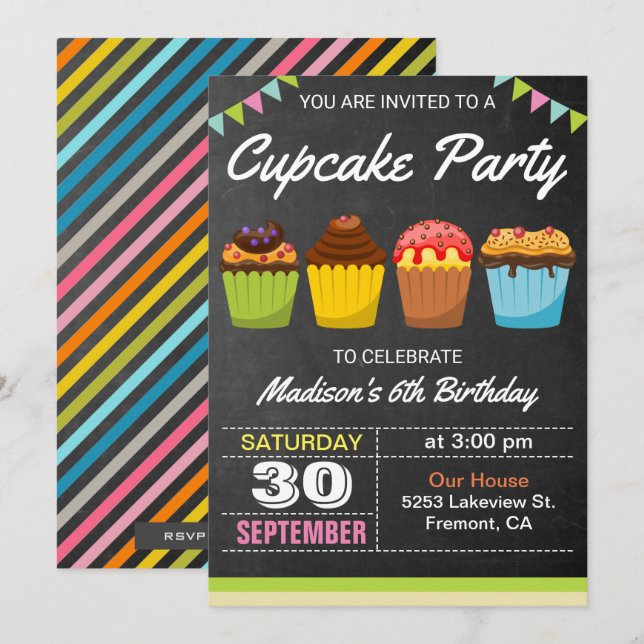 Invitación de cumpleaños para niños con cupcakes c (Anverso / Reverso)