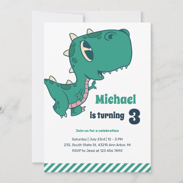 Invitación de cumpleaños para niños con dinosaurio (Anverso)