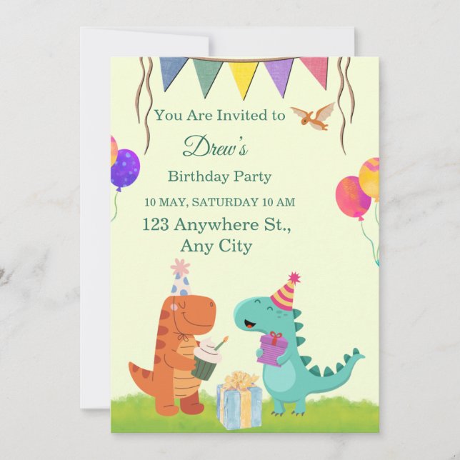 Invitación de cumpleaños para niños con dinosaurio (Anverso)