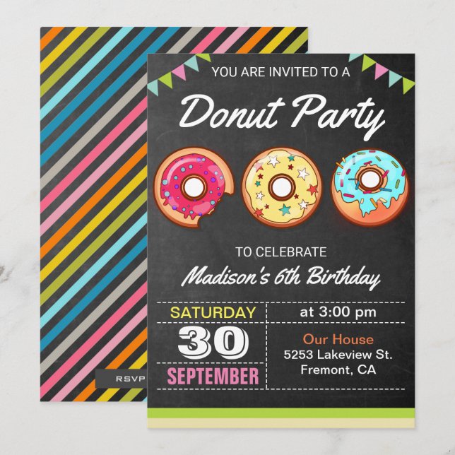Invitación de cumpleaños para niños con donas colo (Anverso / Reverso)