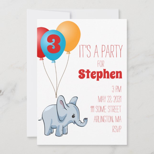 Invitación de cumpleaños para niños con elefantes (Anverso)