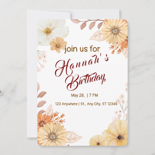 Invitación de cumpleaños para niños con flores - J (Anverso)