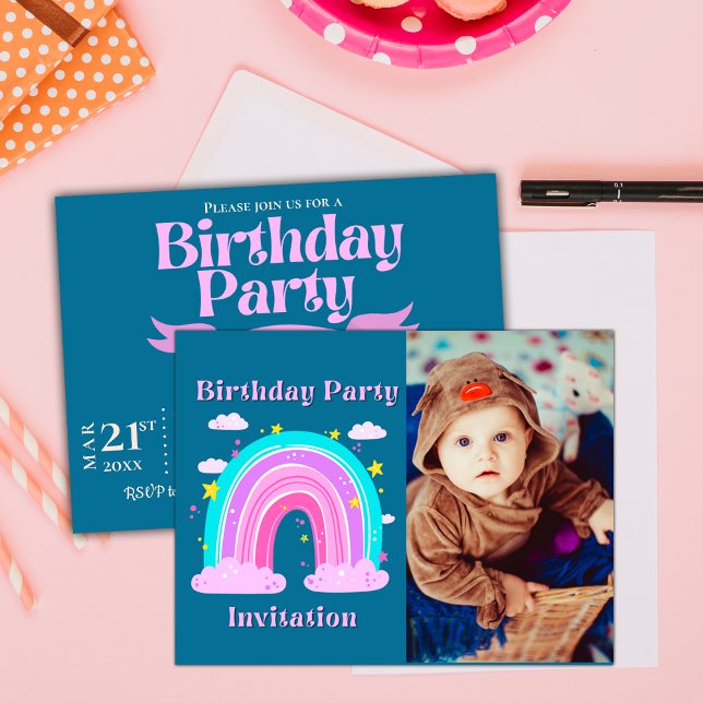 Invitación de cumpleaños para niños con foto de un (Unicorn Rainbow Photo Birthday Party Invitation Postcard)