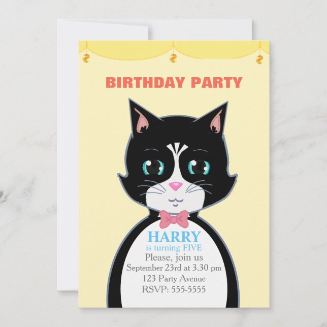 Invitación de cumpleaños para niños con gato de es (Anverso)