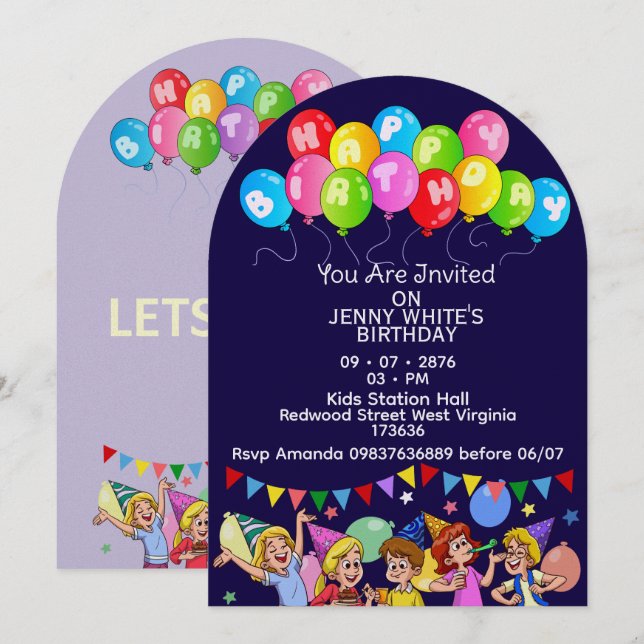 Invitación de cumpleaños para niños con globos (Anverso / Reverso)