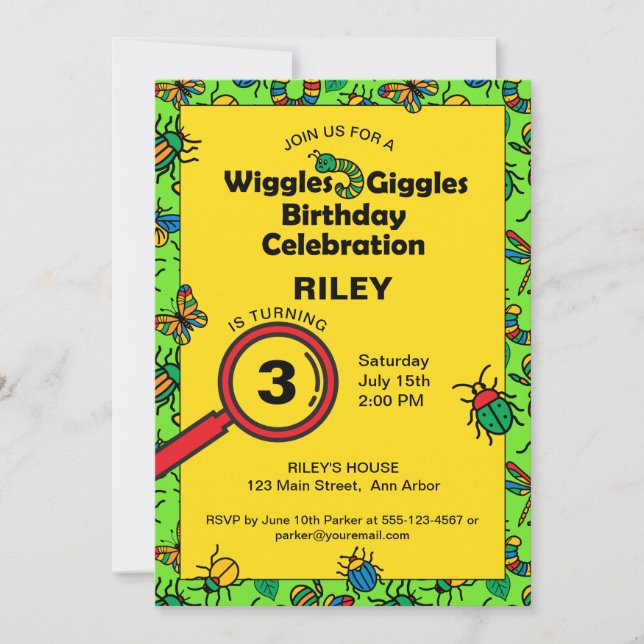 Invitación de cumpleaños para niños con insectos l (Anverso)