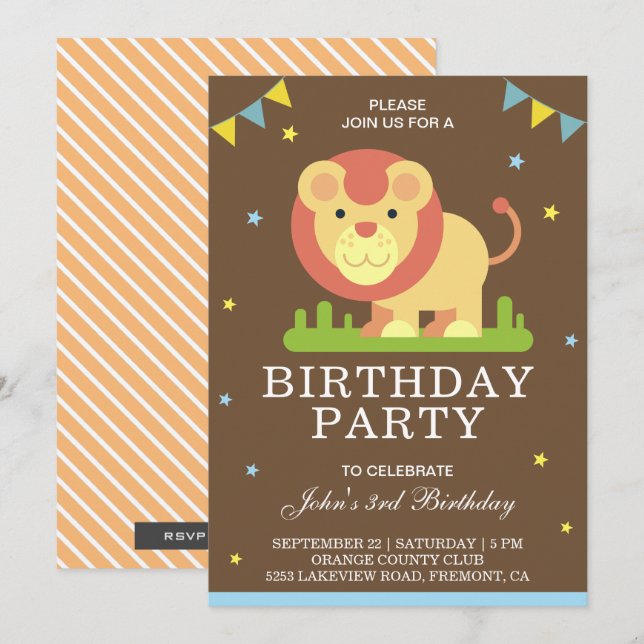 Invitación de cumpleaños para niños con león peque (Anverso / Reverso)