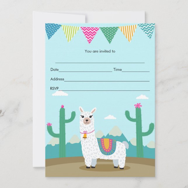 Invitación de cumpleaños para niños con llama alpa (Anverso)