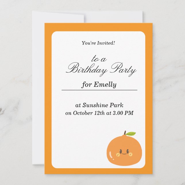 Invitación de cumpleaños para niños con naranja ad (Anverso)