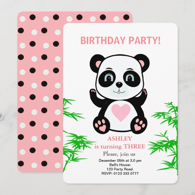 Invitación de cumpleaños para niños con osito pand (Anverso / Reverso)