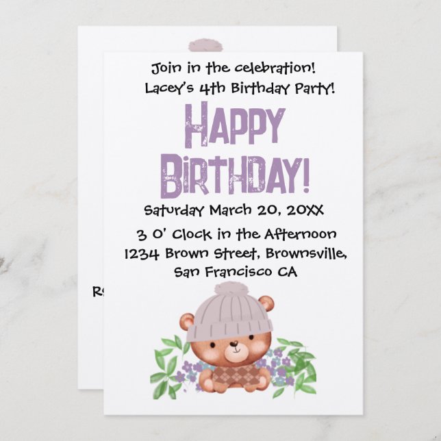 Invitación de cumpleaños para niños con oso de bea (Anverso / Reverso)
