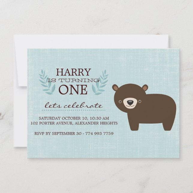 Invitación de cumpleaños para niños con oso de bos (Anverso)