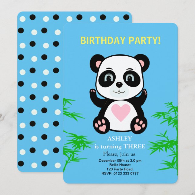 Invitación de cumpleaños para niños con oso panda (Anverso / Reverso)