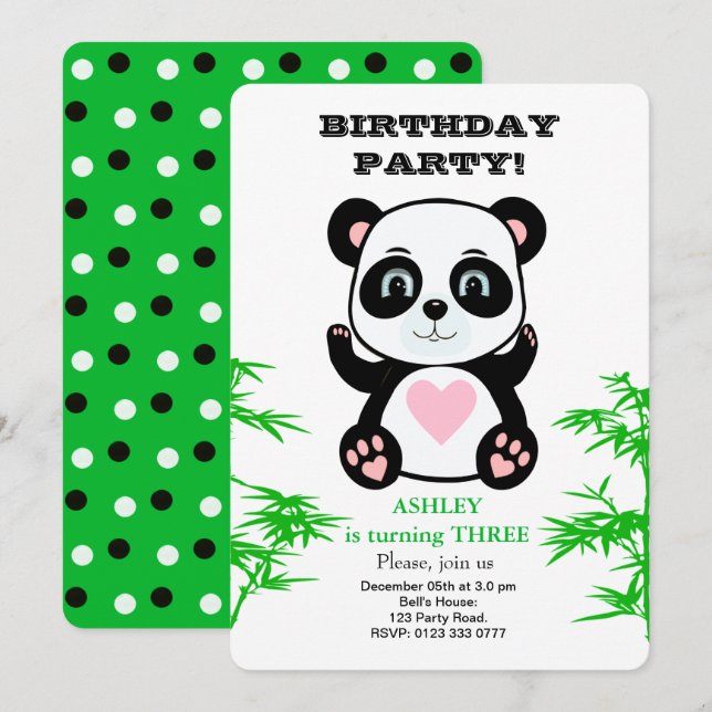 Invitación de cumpleaños para niños con oso panda  (Anverso / Reverso)