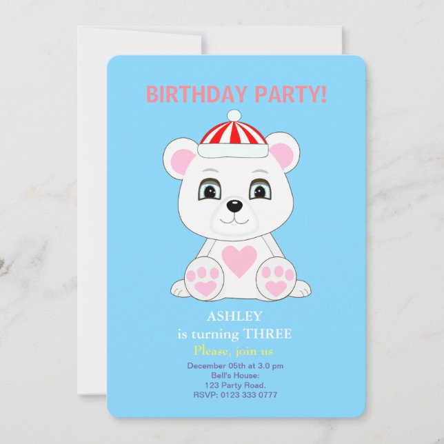 Invitación de cumpleaños para niños con oso polar (Anverso)