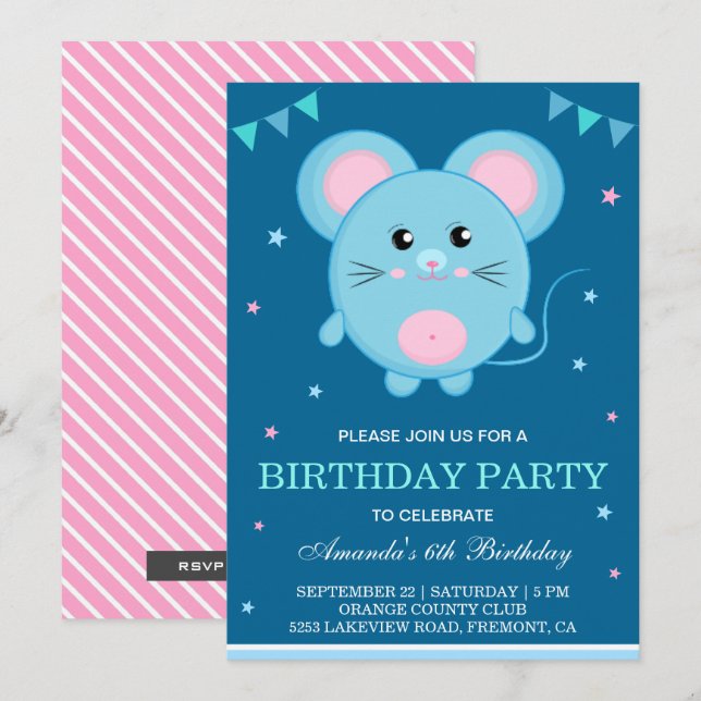 Invitación de cumpleaños para niños con ratón ador (Anverso / Reverso)