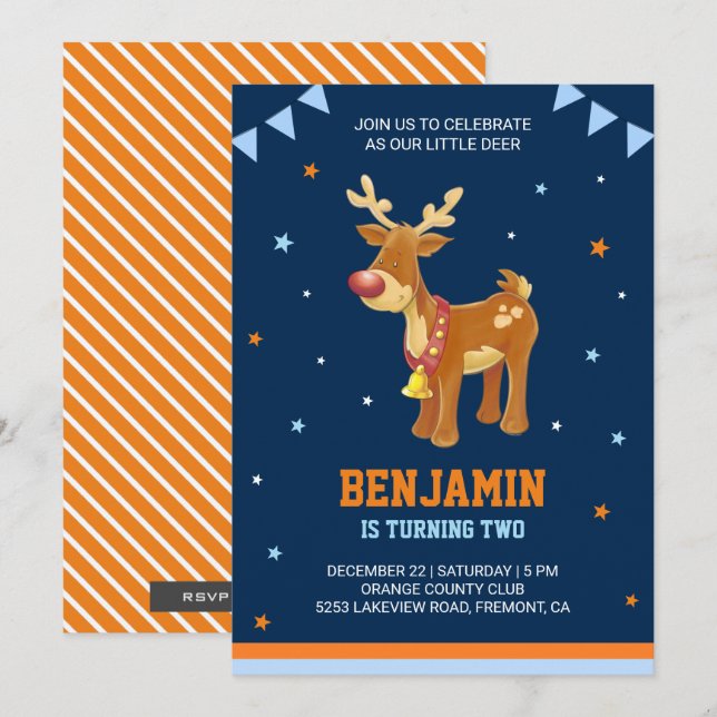 Invitación de cumpleaños para niños con renos lind (Anverso / Reverso)