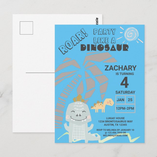 Invitación de cumpleaños para niños con rugido de  (Anverso / Reverso)