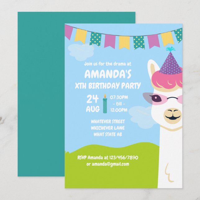 Invitación de cumpleaños para niños con tema de Ll (Anverso / Reverso)
