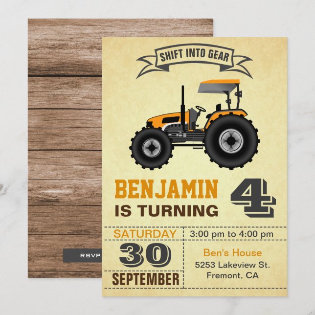 Invitación de cumpleaños para niños con tractor de (Anverso / Reverso)